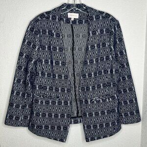 Skies Are Blue Blazer Womens Medium Blue White Geometric Knit Open Front Jacket